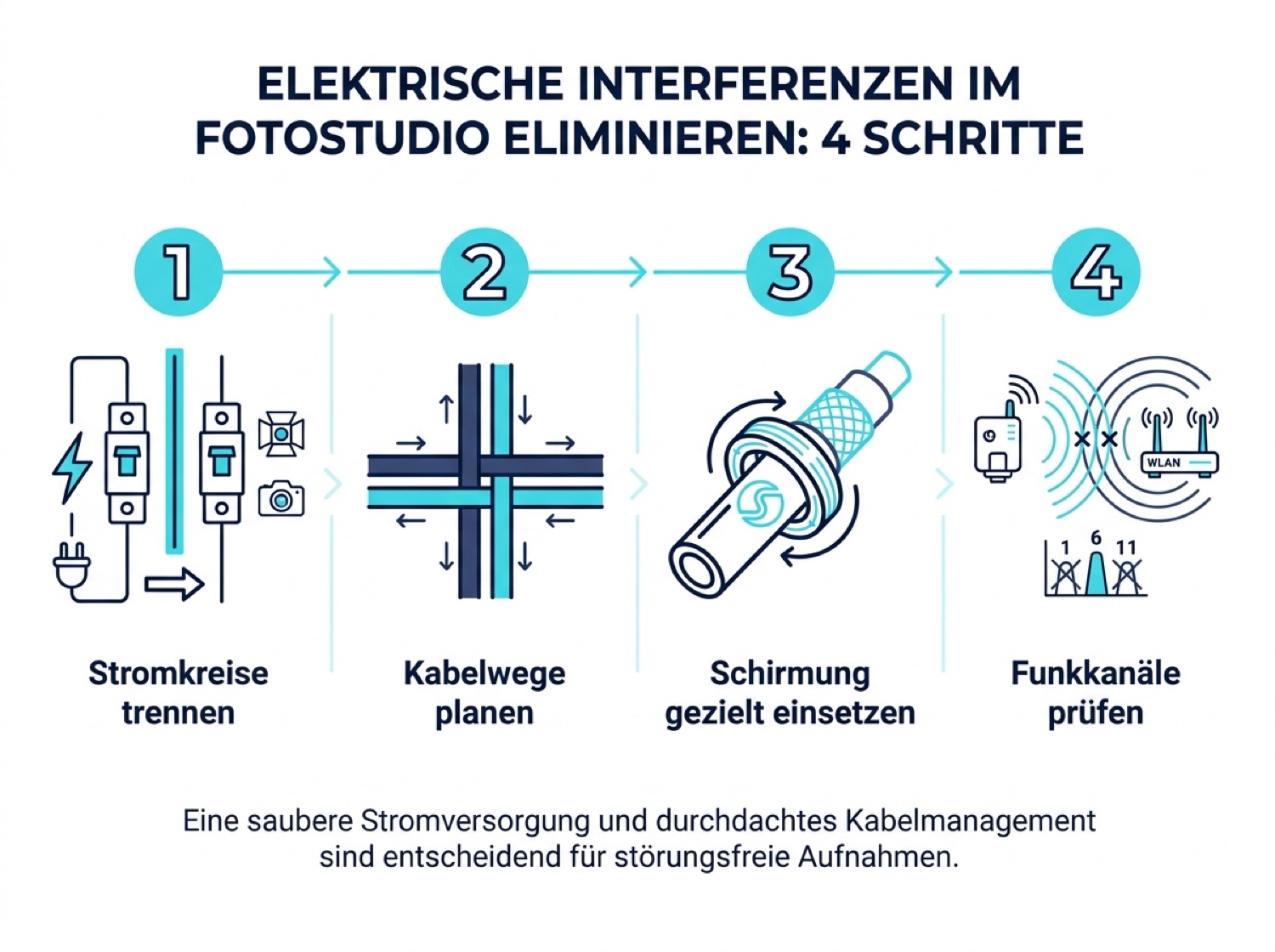 Vier Schritte gegen Störsignale im Fotostudio: Stromkreise trennen, Kabelwege planen, Schirmung einsetzen, Funkkanäle prüfen