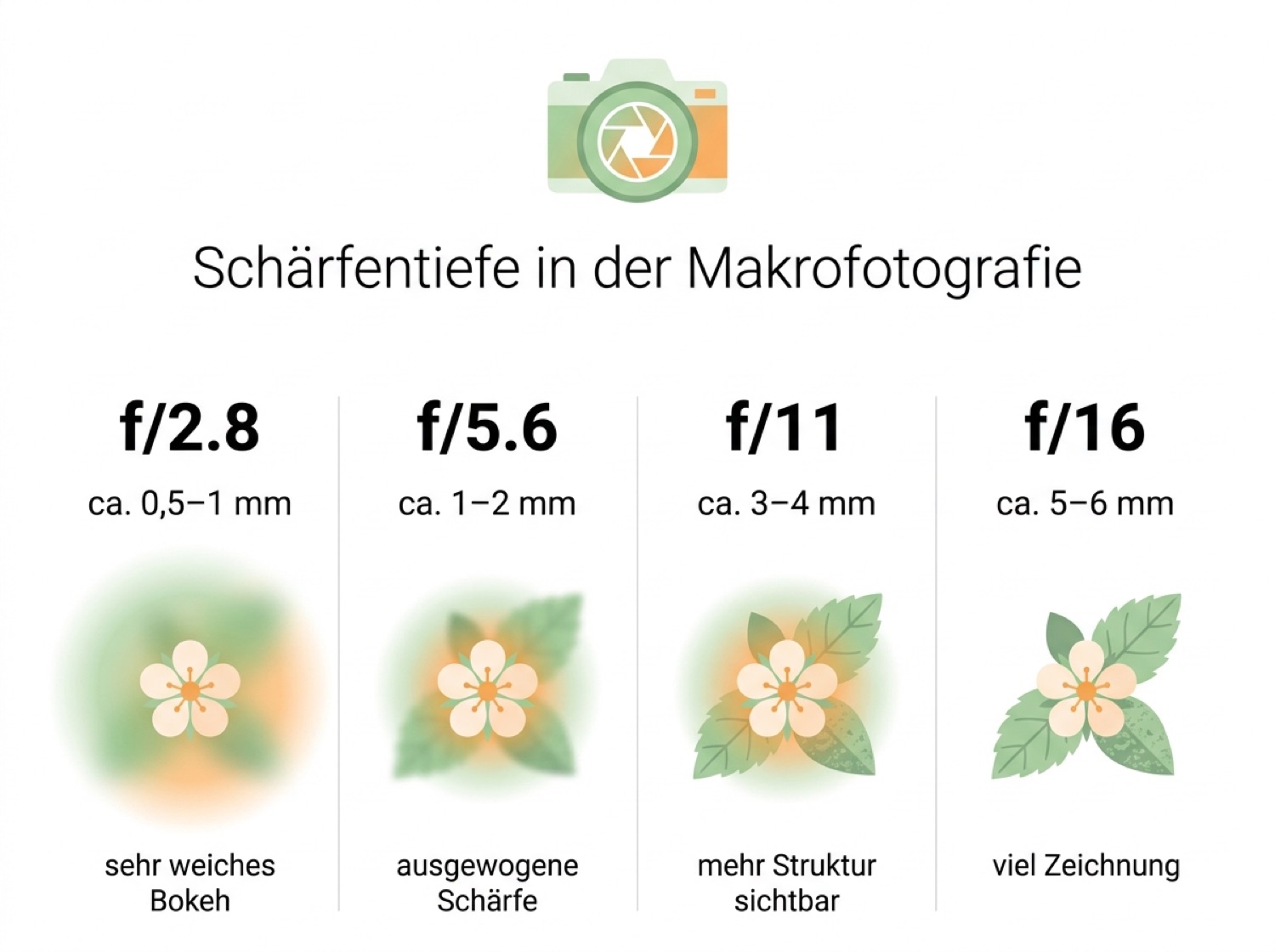 Grafik zur Schärfentiefe in der Makrofotografie: Vergleich der Blendenstufen f/2.8, f/5.6, f/11 und f/16 mit jeweiliger Schärfezone in Millimetern